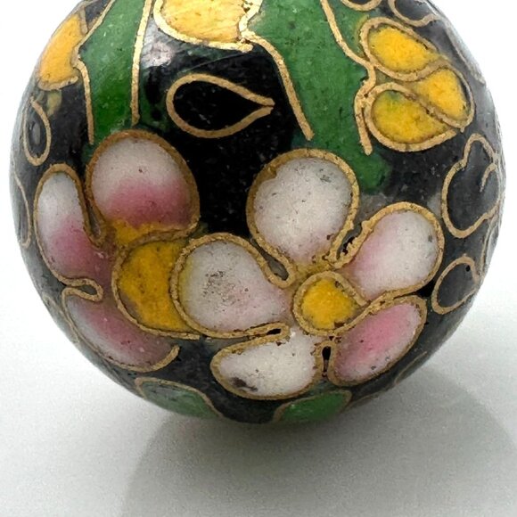 Cloisonne 5 Black Beads 14 MM Yellow Pink Green Flowers Cloisonne Beads 14 MM - Picture 7 of 8